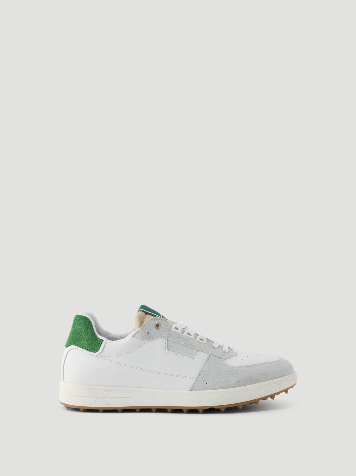 Side view of the Men's Baseline Golf Sneakers in white and green, featuring a durable leather design for golf and tennis. - Image 3