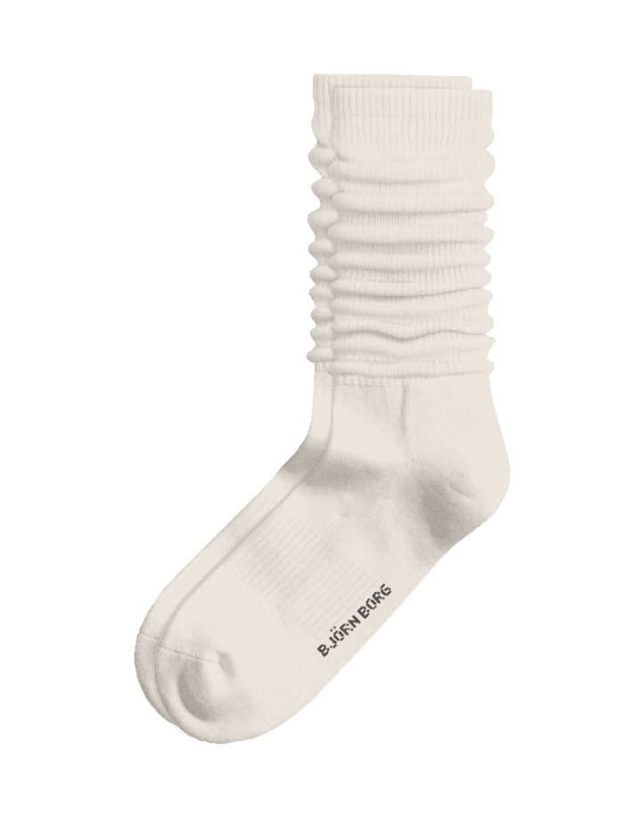 Classic Slouchy Crew Socks 1-pack i Tofu (Vit) med avslappnad ribbstickad design och Björn Borg-logotyp under foten.