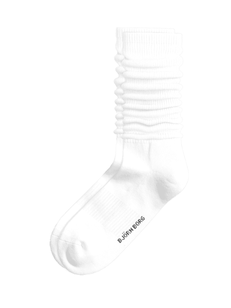 Side view of the cotton-blend Classic Slouchy Crew Sock 1-pack in Brilliant White (White) with a black logo.