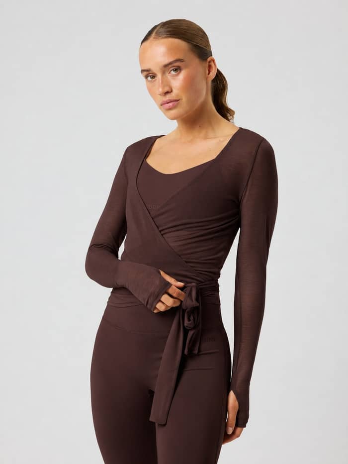 Björn Borg Studio Wrapped Top in Coffee Bean (Brown) for training, featuring a slim fit and stylish wraparound waist. - Image 2