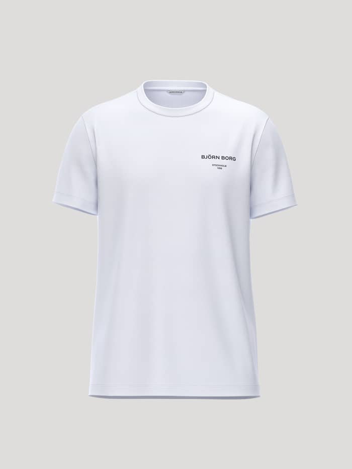 Vue de face du Borg Essential 1 T-Shirt en coton Brilliant White (Blanc) avec un logo noir sur la poitrine.