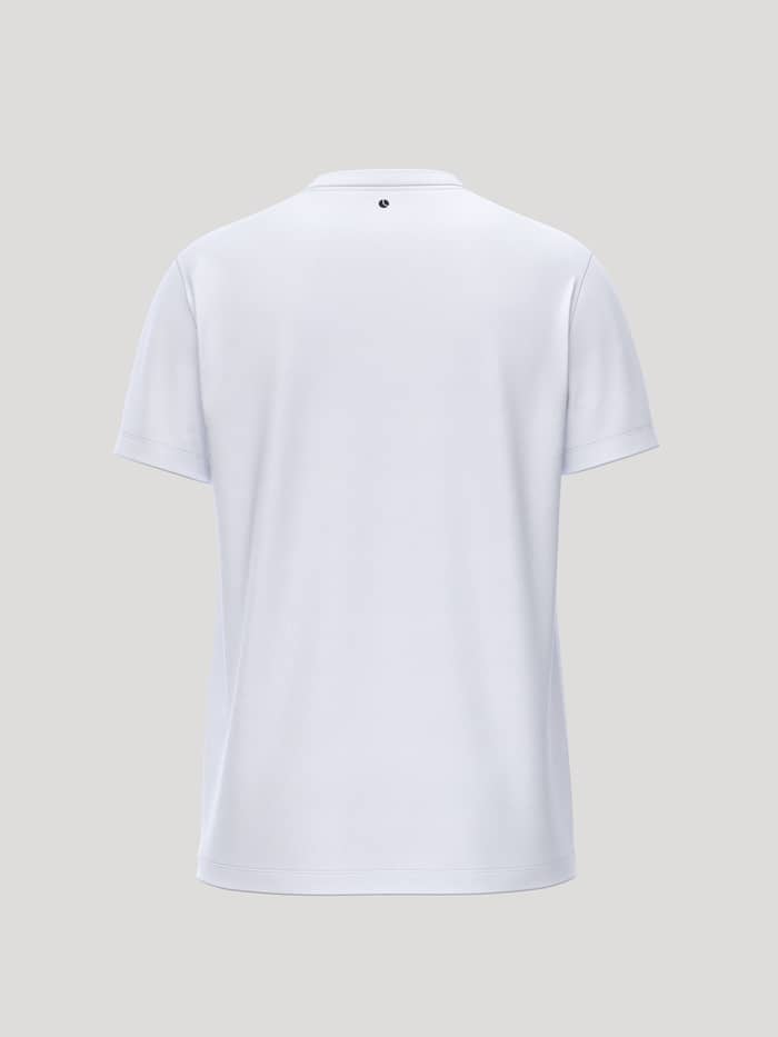 Achteraanzicht van het katoenen Borg Essential 1 T-Shirt in Brilliant White (Wit) met zwarte tennisbalprint in de nek. - Image 2