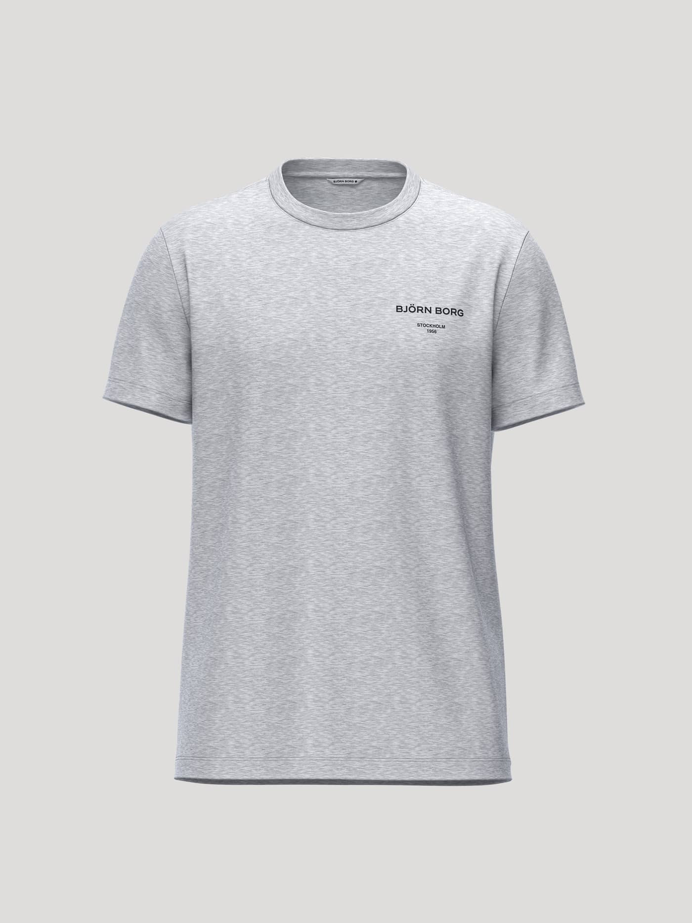 Borg Essential 1 T-Shirt in Light Grey Melange (Grey) with a black chest logo and tennis-inspired design details. - Image 1