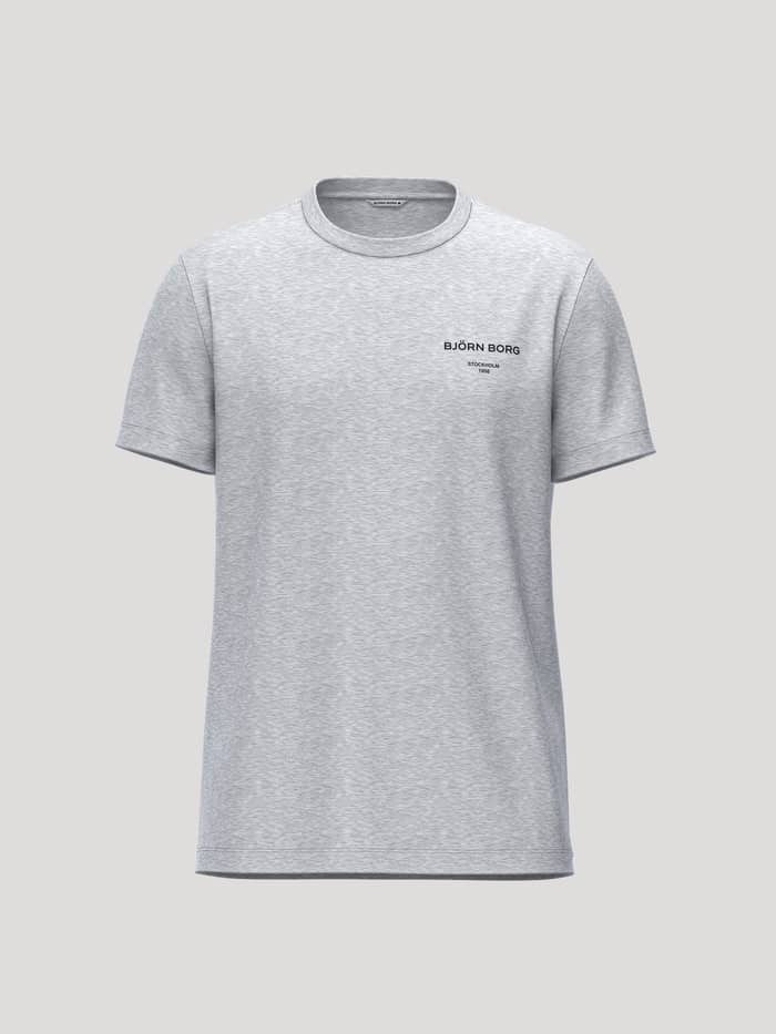 Borg Essential 1 T-Shirt in Light Grey Melange (Grey) with a black chest logo and tennis-inspired design details.