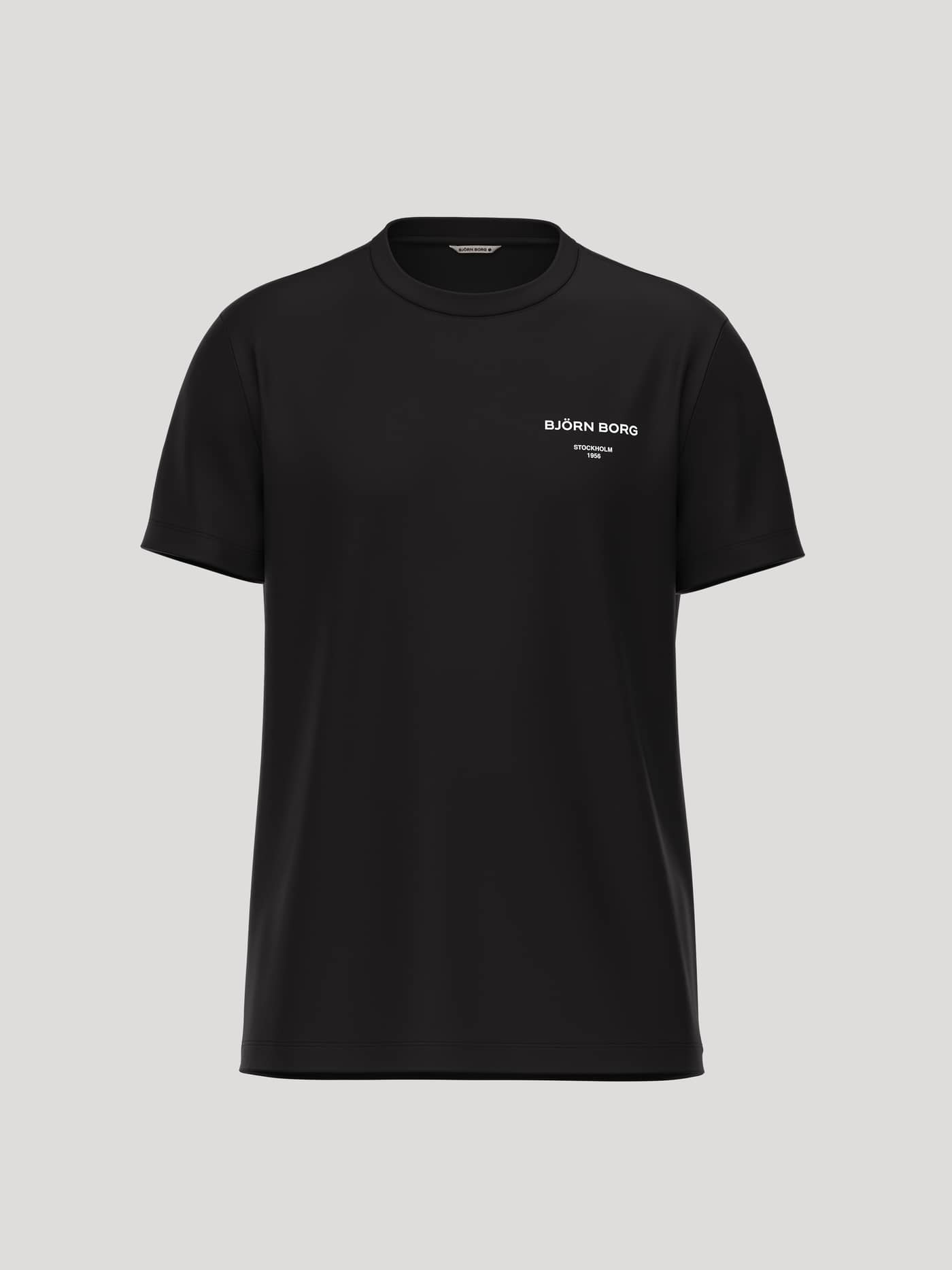 Front view of the Borg Essential 1 T-Shirt in Black Beauty (Black) with a white logo and tennis-inspired details. - Image 1