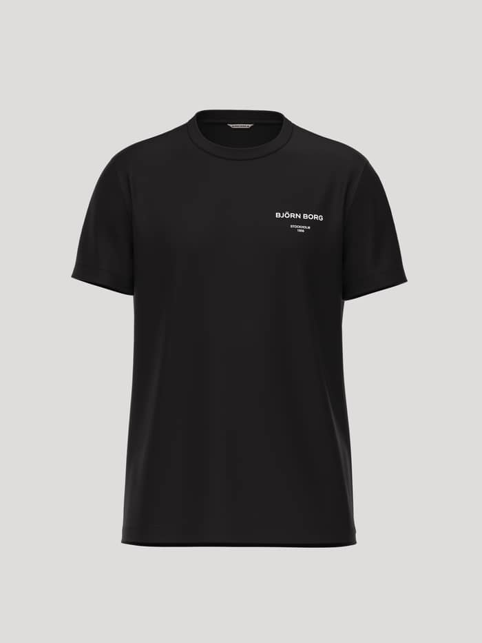 Front view of the Borg Essential 1 T-Shirt in Black Beauty (Black) with a white logo and tennis-inspired details.
