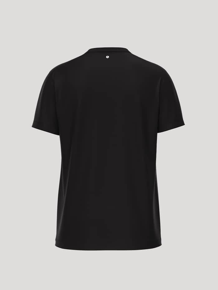 Achteraanzicht van het Borg Essential 1 T-Shirt in Black Beauty (Zwart) met een kleine tennisbalprint in de nek. - Image 2