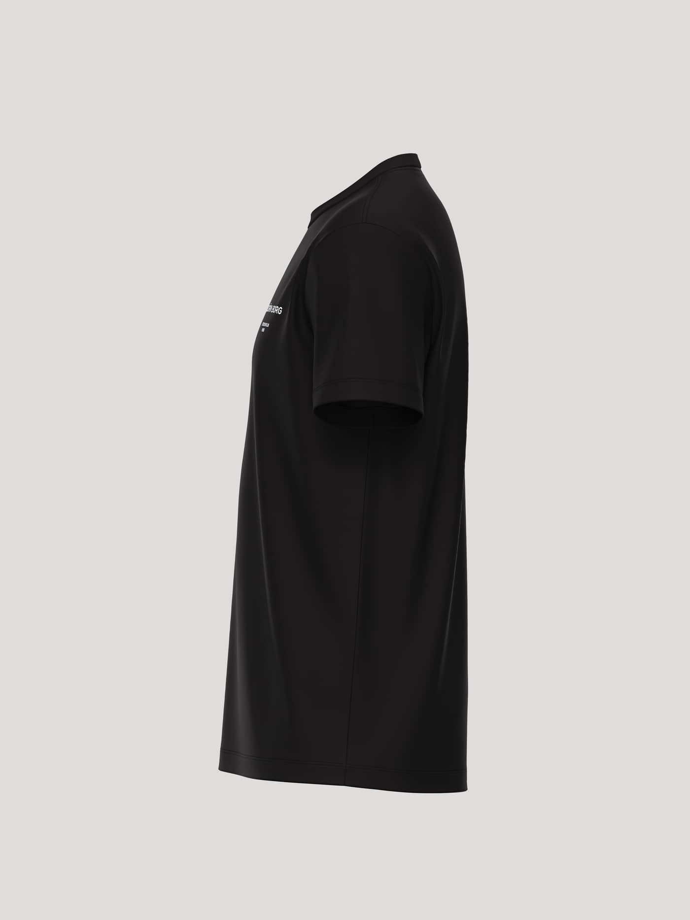 Side profile of the Borg Essential 1 T-Shirt in Black Beauty (Black) made from soft cotton jersey with a white logo. - Image 3