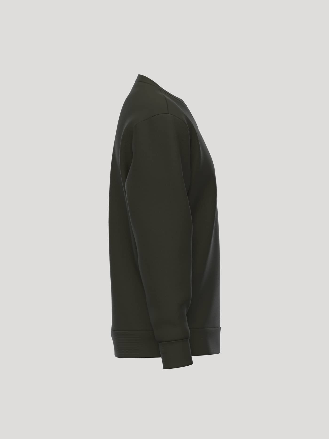 Side profile of the Borg Essential 1 Sweatshirt in Rosin (Green) featuring ribbed cuffs and a soft brushed fleece. - Image 4
