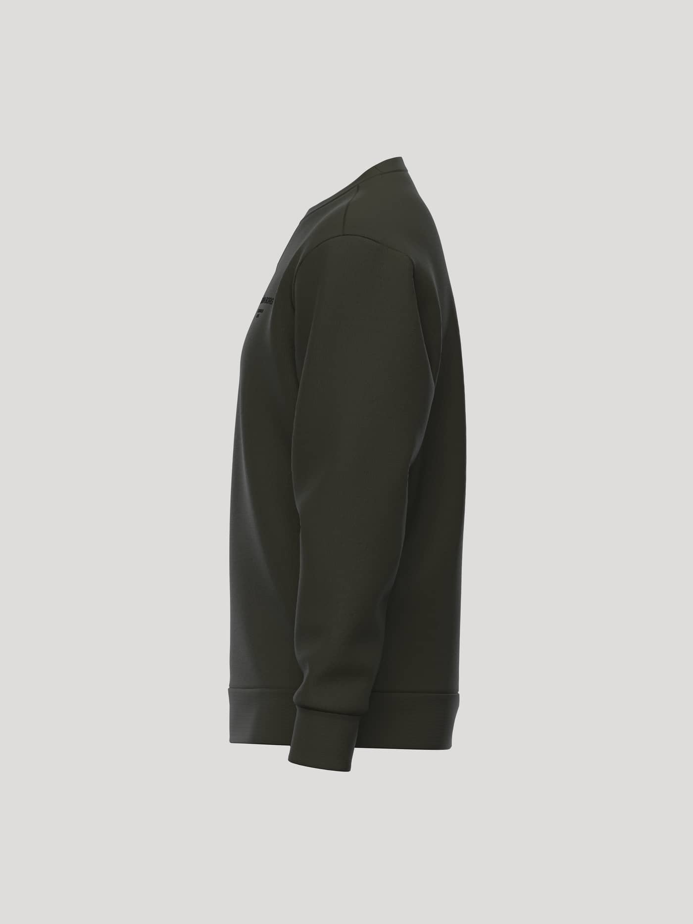 Side profile of the Borg Essential 1 Sweatshirt in Rosin (Green) featuring a regular fit and black chest logo. - Image 3