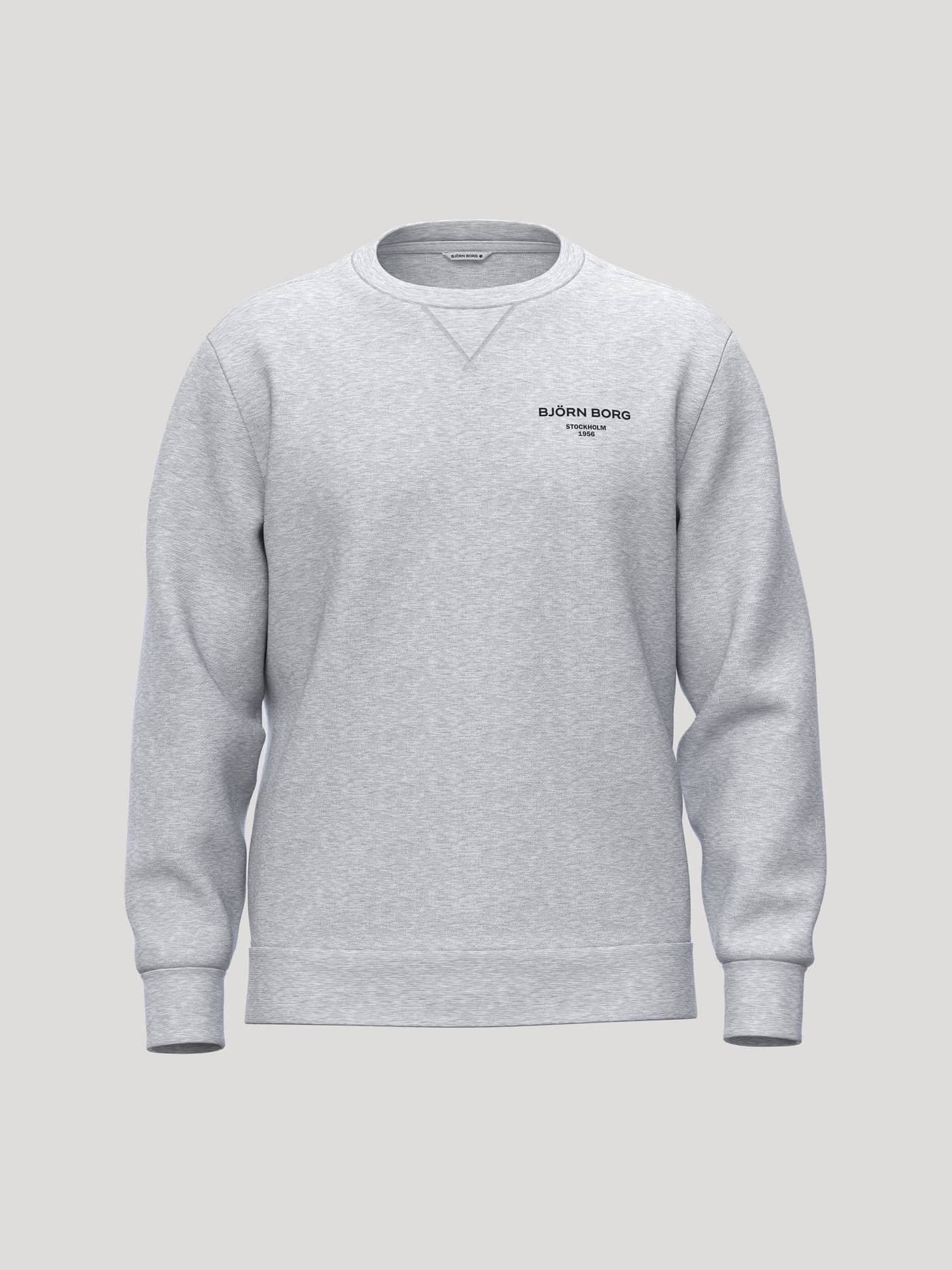 Borg Essential 1 Sweatshirt i Light Grey Melange (Grå) set forfra med sort brystlogo og rib-trekant i halsen til tennis. - Image 1