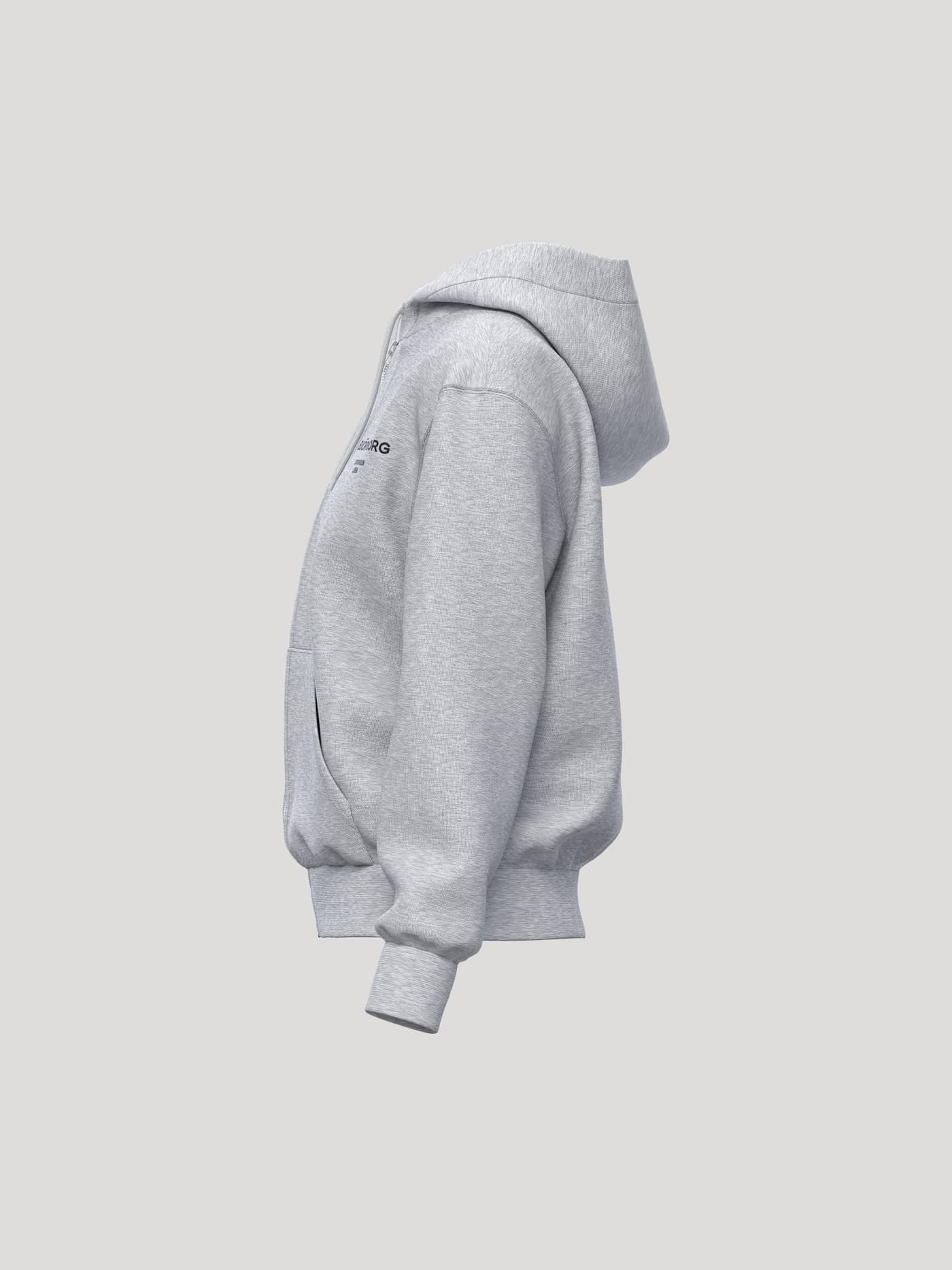 Borg Essential 1 Zip Hoodie in Light Grey Melange (Grey) shown from the side with a black logo and tennis-inspired details. - Image 3