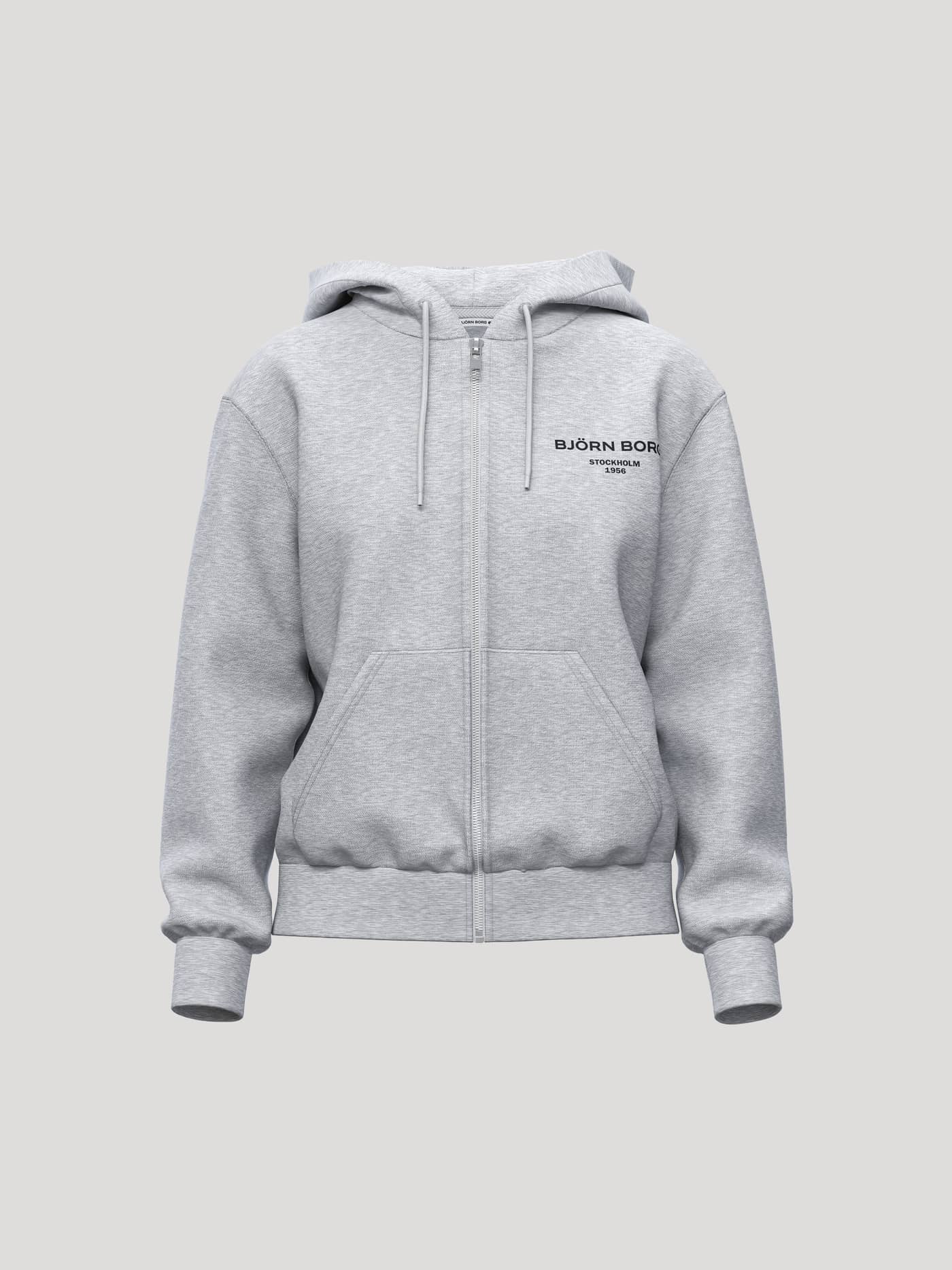 Borg Essential 1 Zip Hoodie i Light Grey Melange (Grå) med sort brystlogo og kængurulomme til tennis. - Image 1