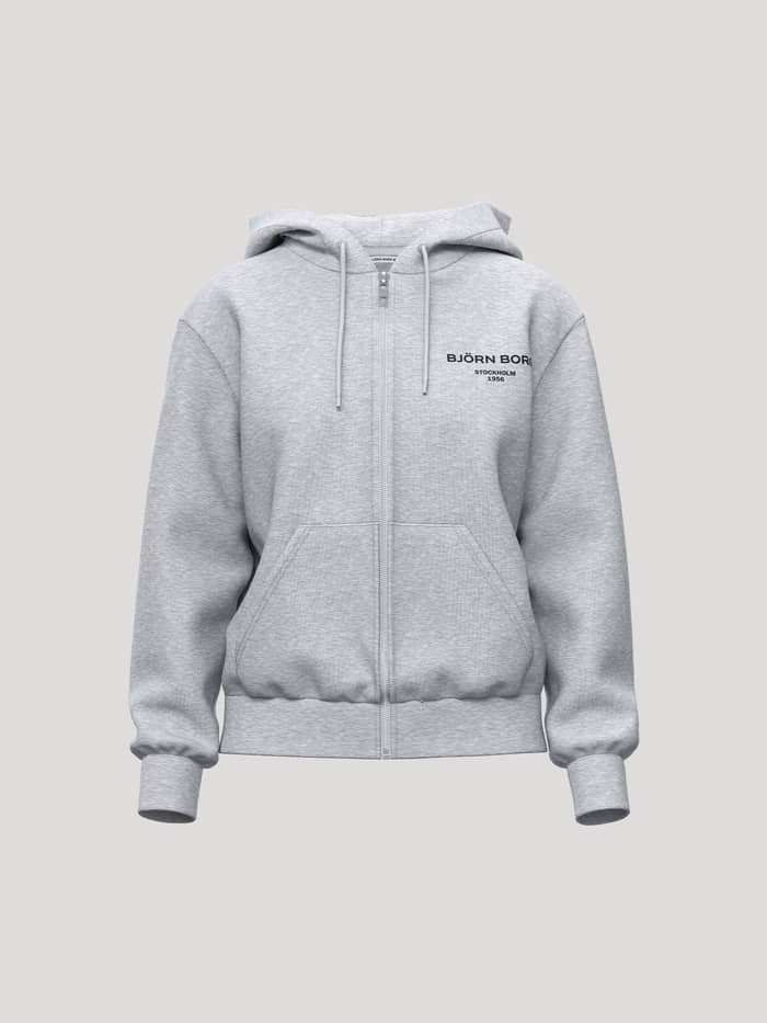 Borg Essential 1 Zip Hoodie in Light Grey Melange (Grey) with a black chest logo and kangaroo pocket for tennis.