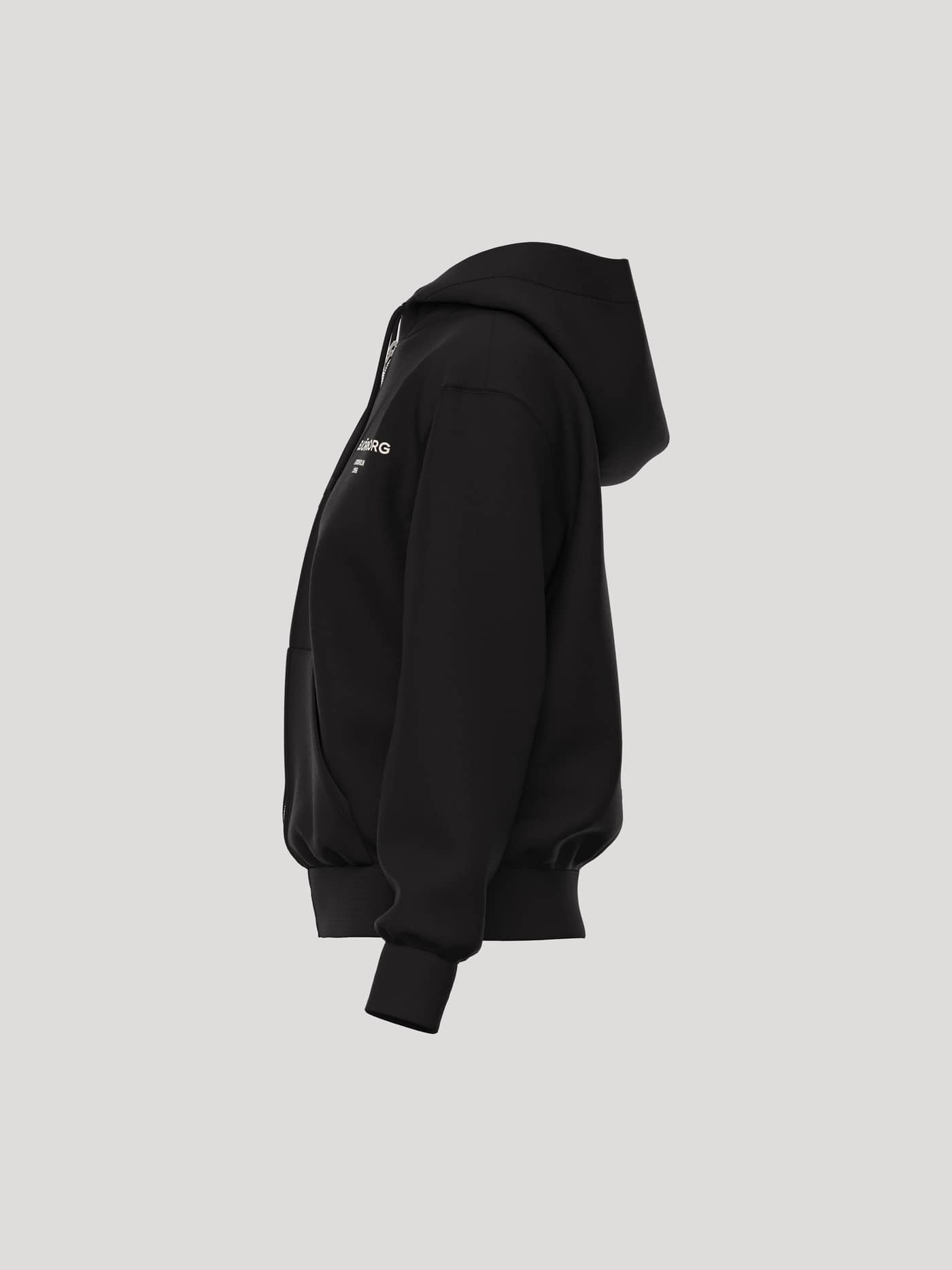 Side view of the Borg Essential 1 Zip Hoodie in Black Beauty (Black) with a white logo and ribbed cuffs. - Image 3