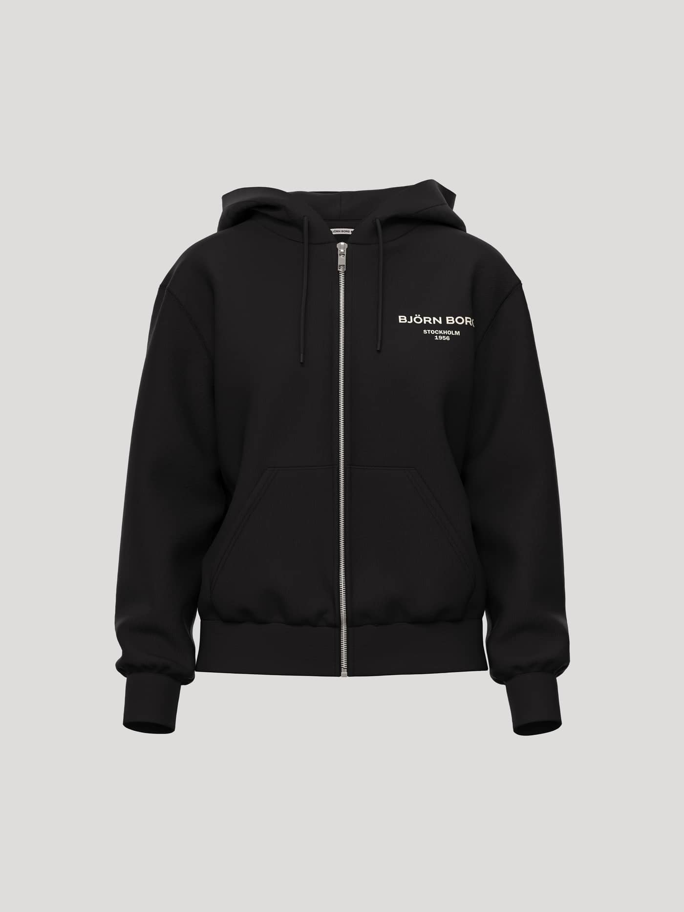 Borg Essential 1 Zip Hoodie i Black Beauty (Svart) med vit bröstlogo, full zip och fickor, perfekt för tennis. - Image 1
