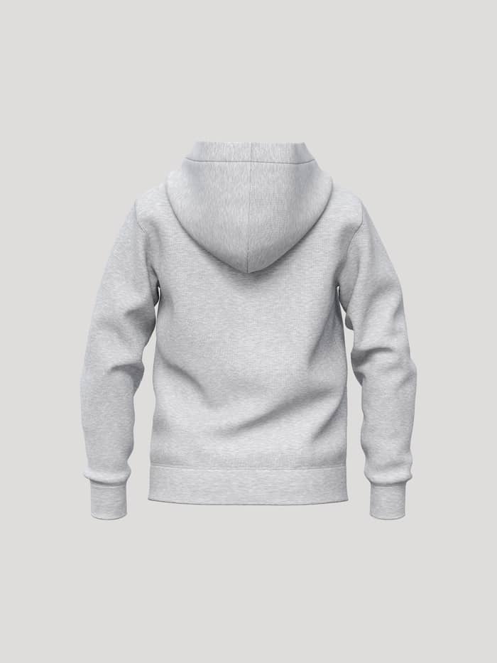 Vista trasera de la Borg Essential 1 Zip Hoodie en gris claro melange (gris) con capucha de doble capa.