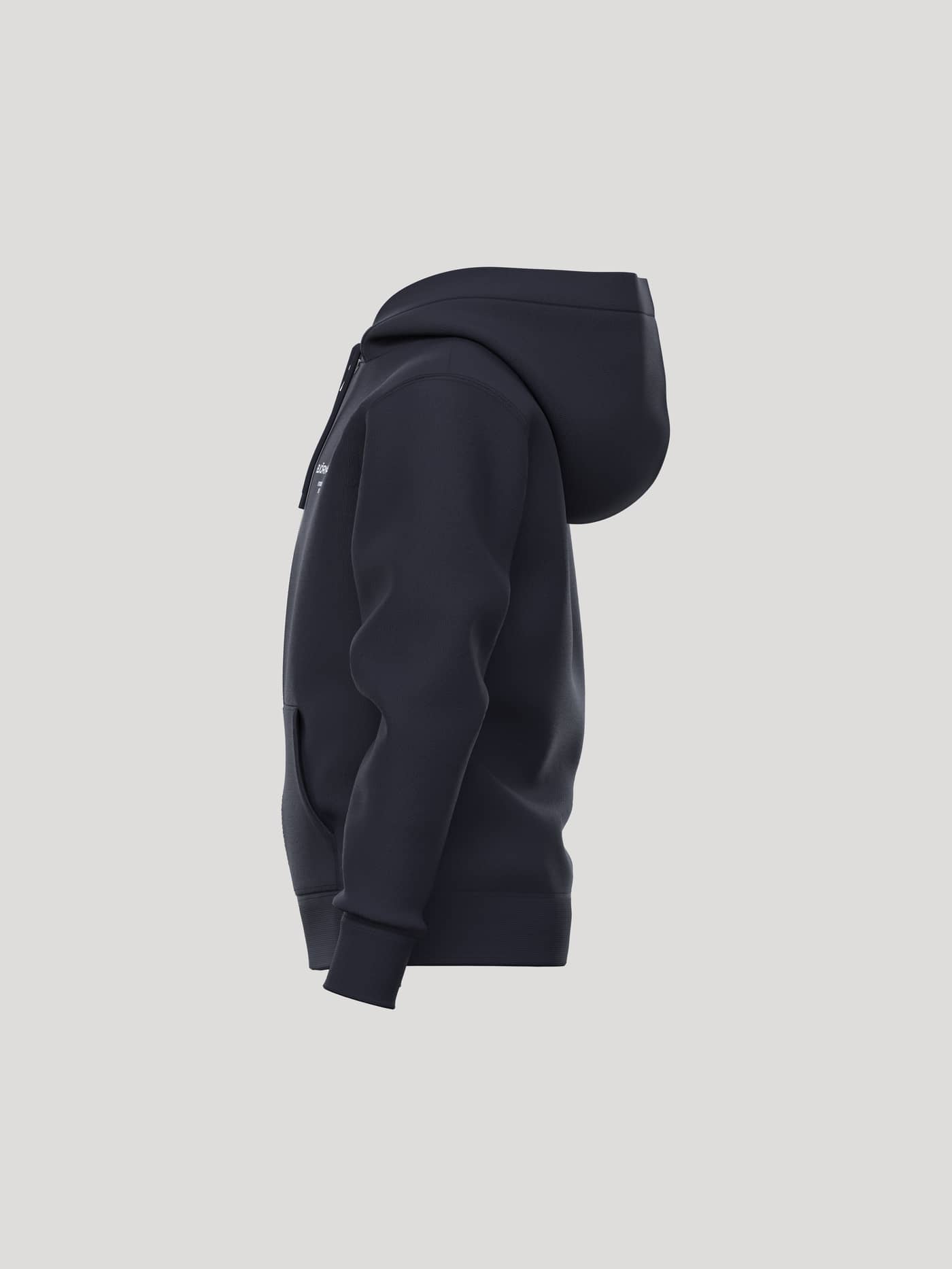 Side view of the kids' Borg Essential 1 Zip Hoodie in Night sky (Navy), featuring soft fleece and a white chest logo. - Image 3