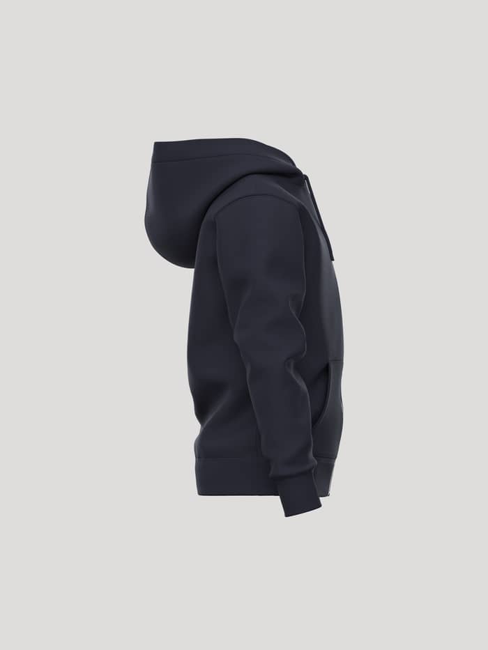 Side view of the kids' Borg Essential 1 Zip Hoodie in Night sky (Navy) with soft fleece and a comfortable regular fit. - Image 4