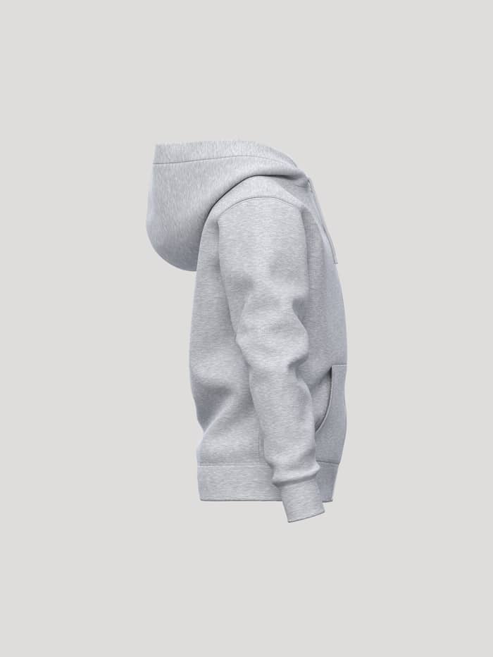 Side view of the kids' Borg Essential 1 Zip Hoodie in Light Grey Melange (Grey) with soft fleece and ribbed cuffs. - Image 4