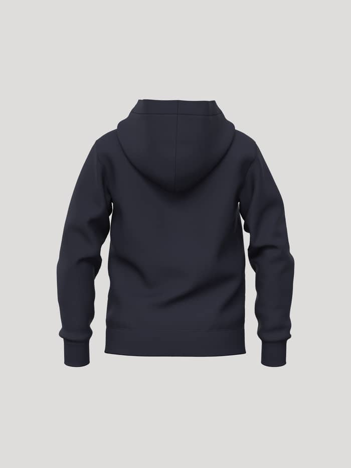 Vista posterior de la Borg Essential 1 Zip Hoodie en azul marino para kids, que muestra la capucha de doble capa.