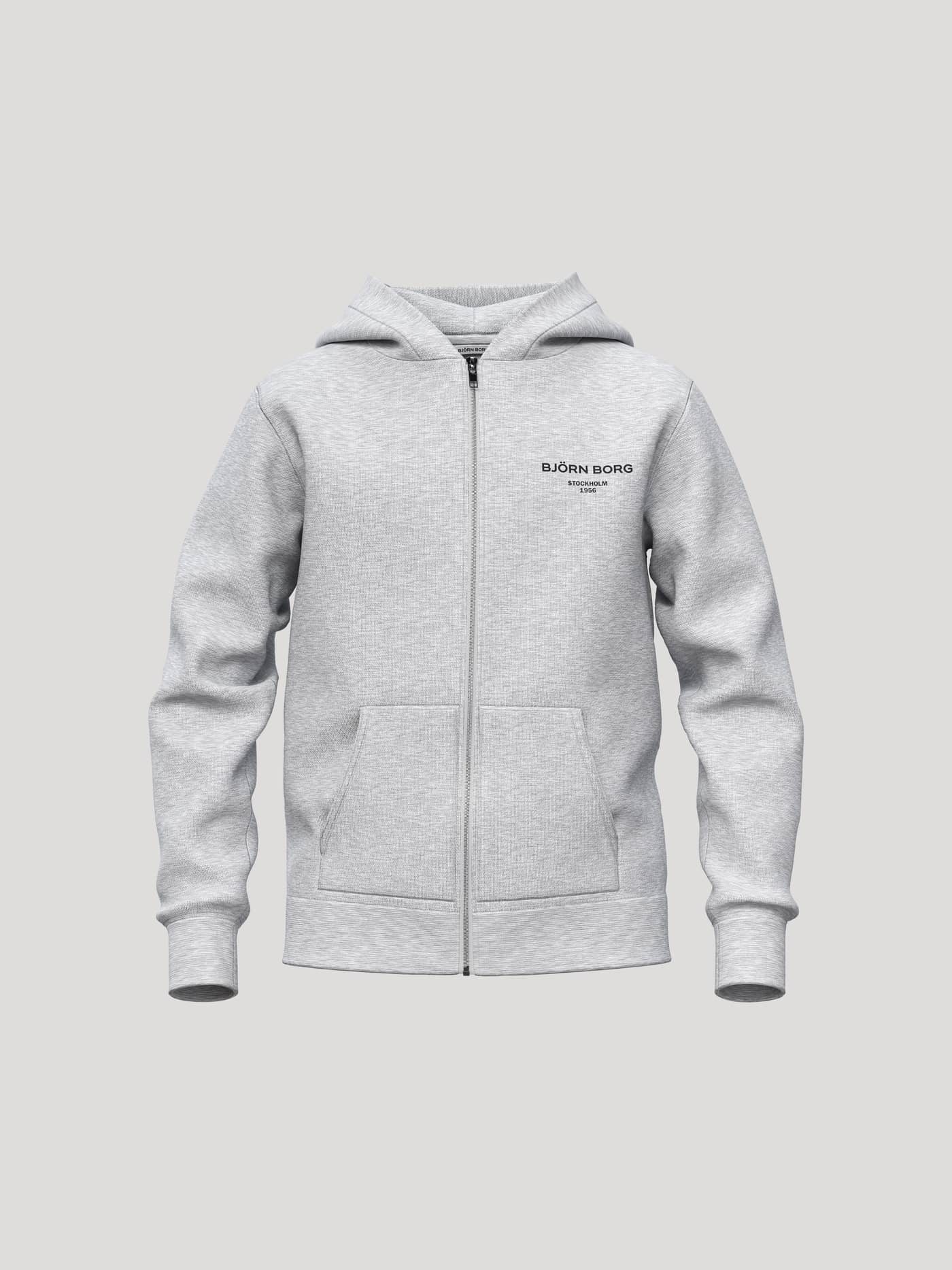 Vista frontal de la Borg Essential 1 Zip Hoodie en Light Grey Melange (gris) con cremallera completa y gráfico en el pecho. - Image 1