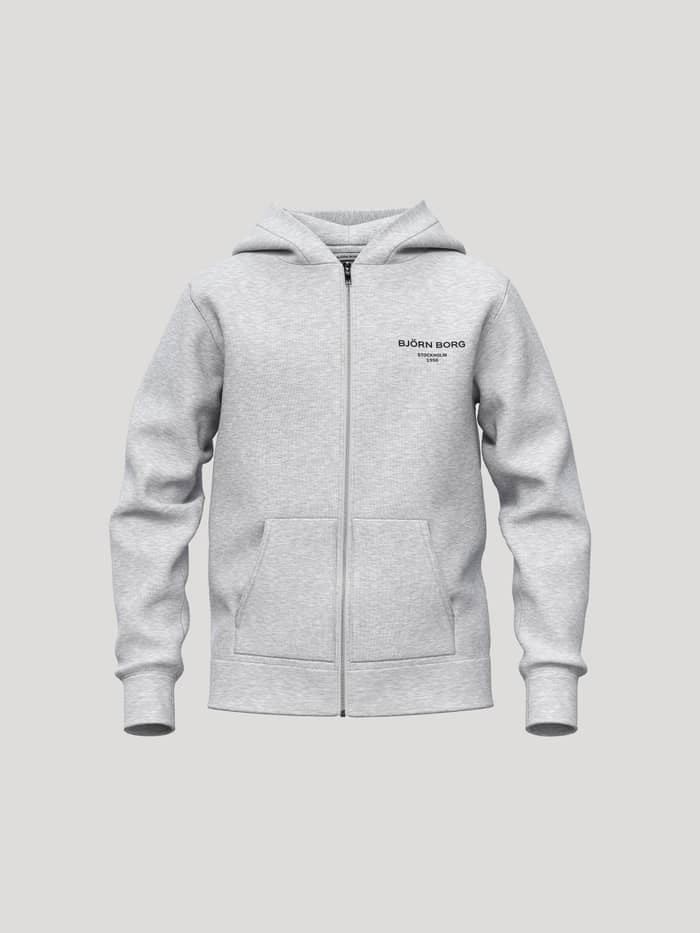 Vista frontal de la Borg Essential 1 Zip Hoodie en Light Grey Melange (gris) con cremallera completa y gráfico en el pecho.