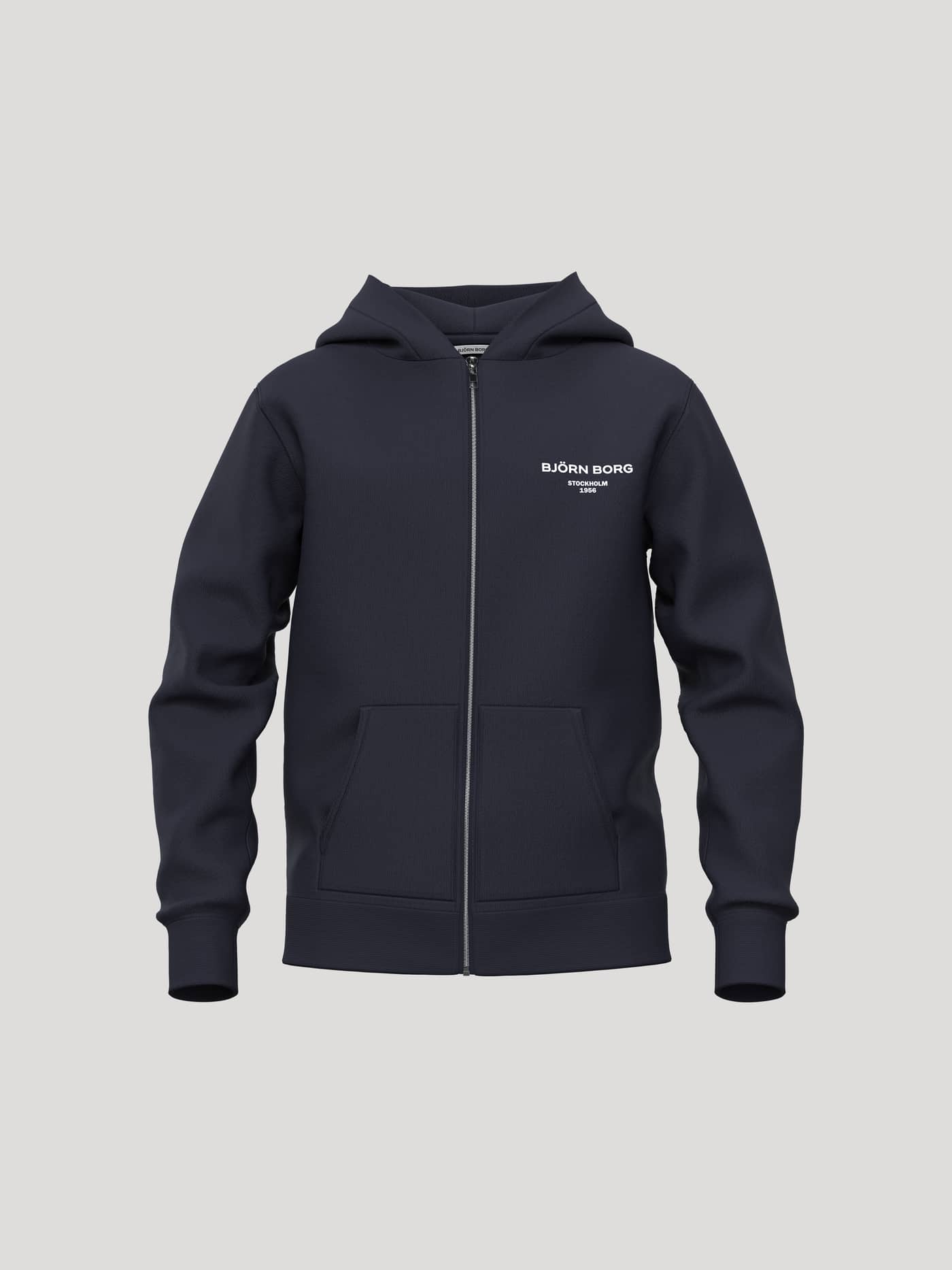 Vista frontal de la Borg Essential 1 Zip Hoodie en Night sky (azul marino) para kids, con un logo blanco en el pecho. - Image 1