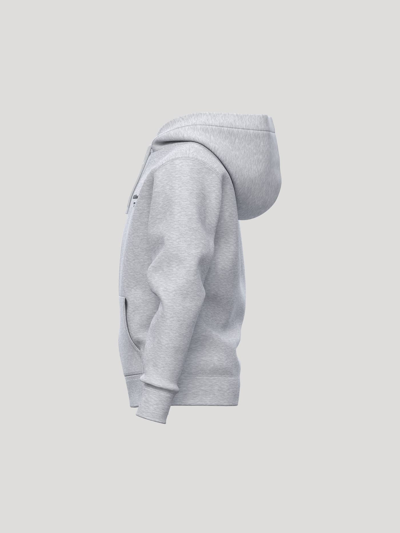 Side view of the kids Borg Essential 1 Zip Hoodie in Light Grey Melange (Grey) with a black logo, designed for tennis. - Image 3