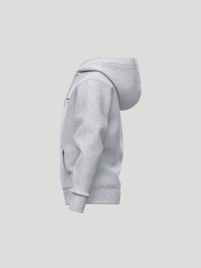 Side view of the kids Borg Essential 1 Zip Hoodie in Light Grey Melange (Grey) with a black logo, designed for tennis. - Image 3