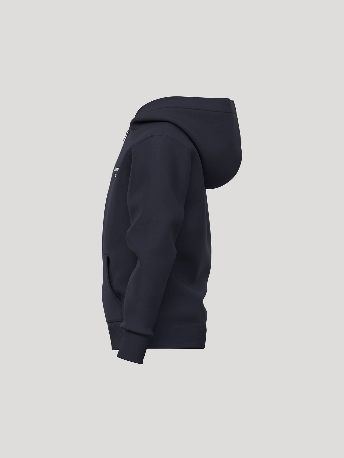 Vista lateral de la Borg Essential 1 Zip Hoodie en Night sky (azul marino) que muestra la capucha y el ajuste regular. - Image 3