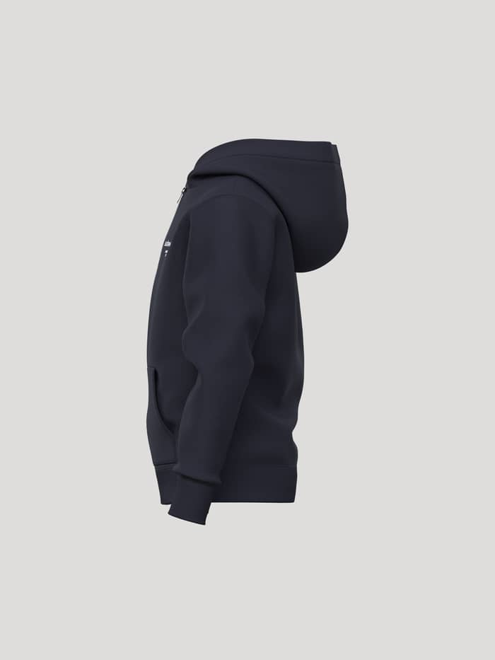 Vista lateral de la Borg Essential 1 Zip Hoodie en Night sky (azul marino) que muestra la capucha y el ajuste regular.