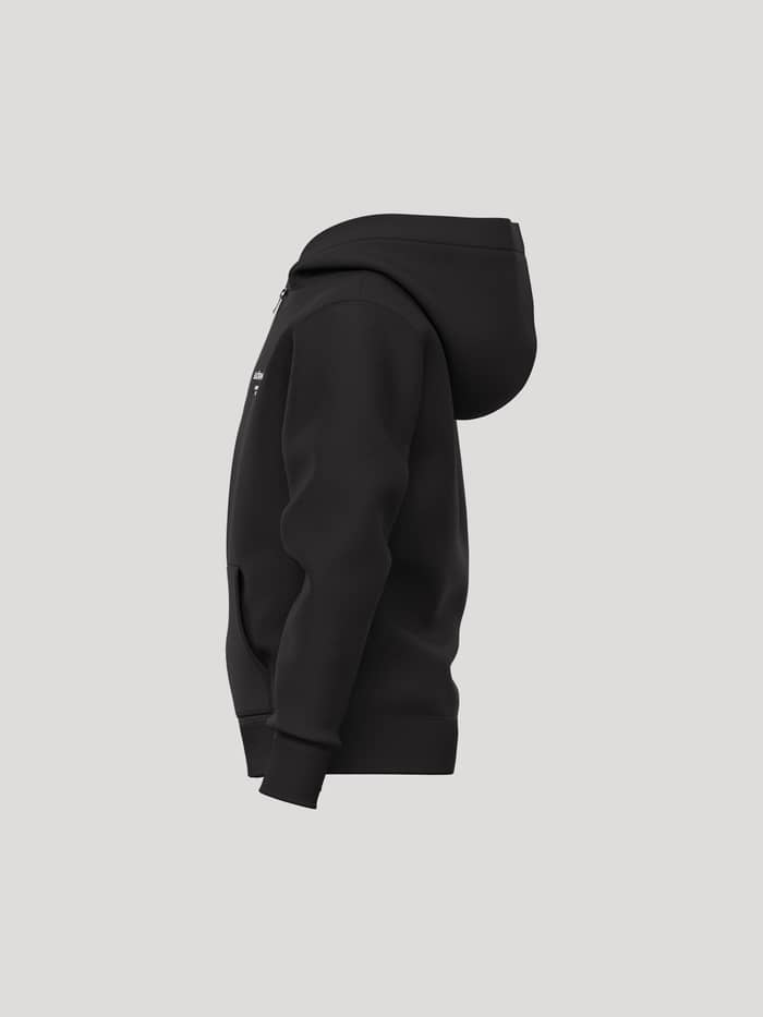 Vista lateral de la Borg Essential 1 Zip Hoodie en Black Beauty (negro) con detalle de la capucha y la cremallera.