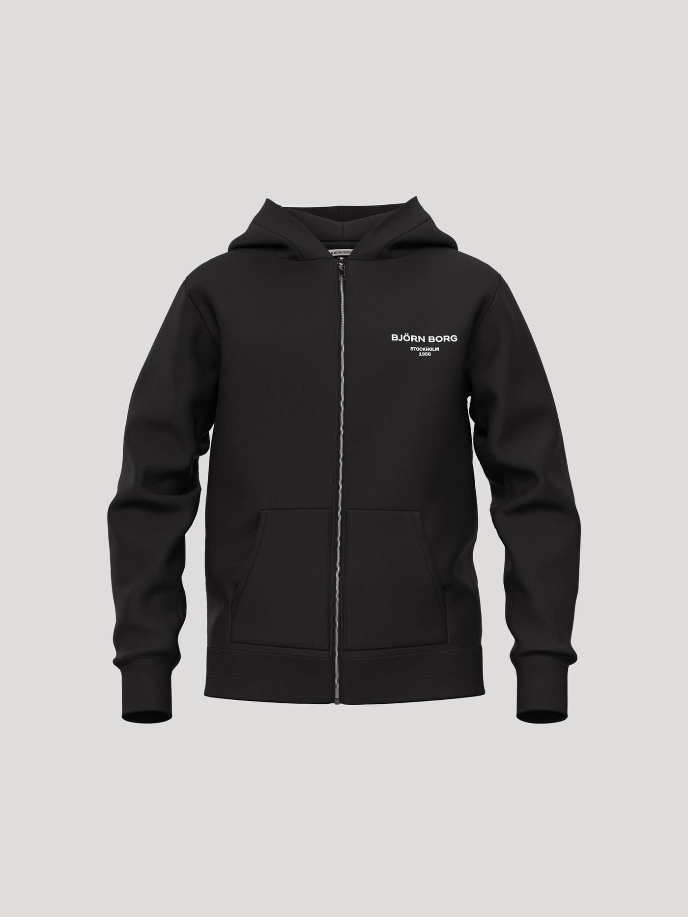 Vista frontal de la Borg Essential 1 Zip Hoodie en Black Beauty (negro) con cremallera completa y logo blanco en el pecho. - Image 1