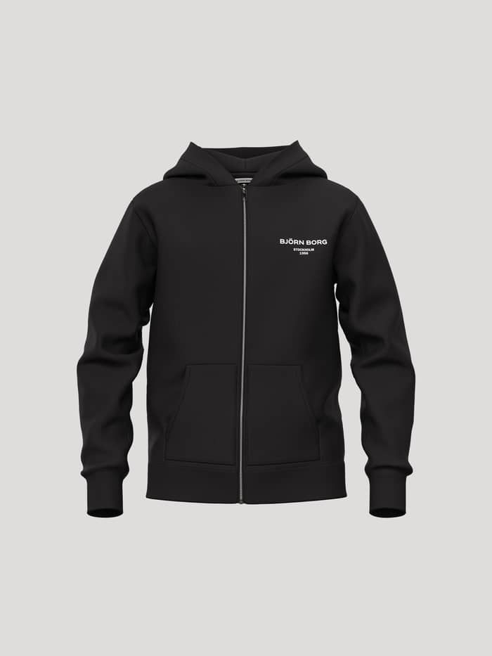 Vista frontal de la Borg Essential 1 Zip Hoodie en Black Beauty (negro) con cremallera completa y logo blanco en el pecho.