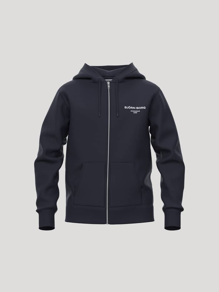 Borg Essential 1 Zip Hoodie för kids i Night sky (Marinblå) sedd framifrån med vit bröstlogo och känguruficka för tennis.