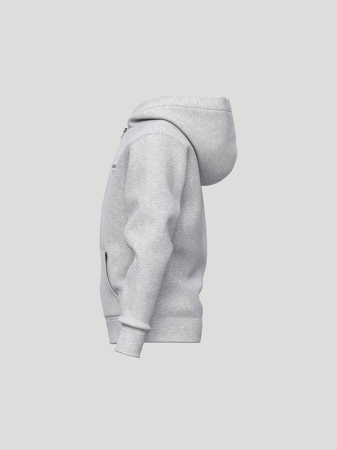 Vista lateral de la Borg Essential 1 Zip Hoodie en Light Grey Melange (gris) para kids, que muestra la capucha y los puños. - Image 3