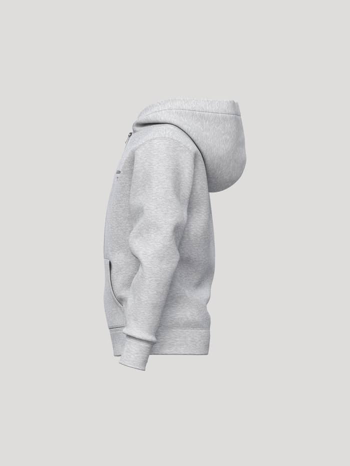 Vista lateral de la Borg Essential 1 Zip Hoodie en Light Grey Melange (gris) para kids, que muestra la capucha y los puños.