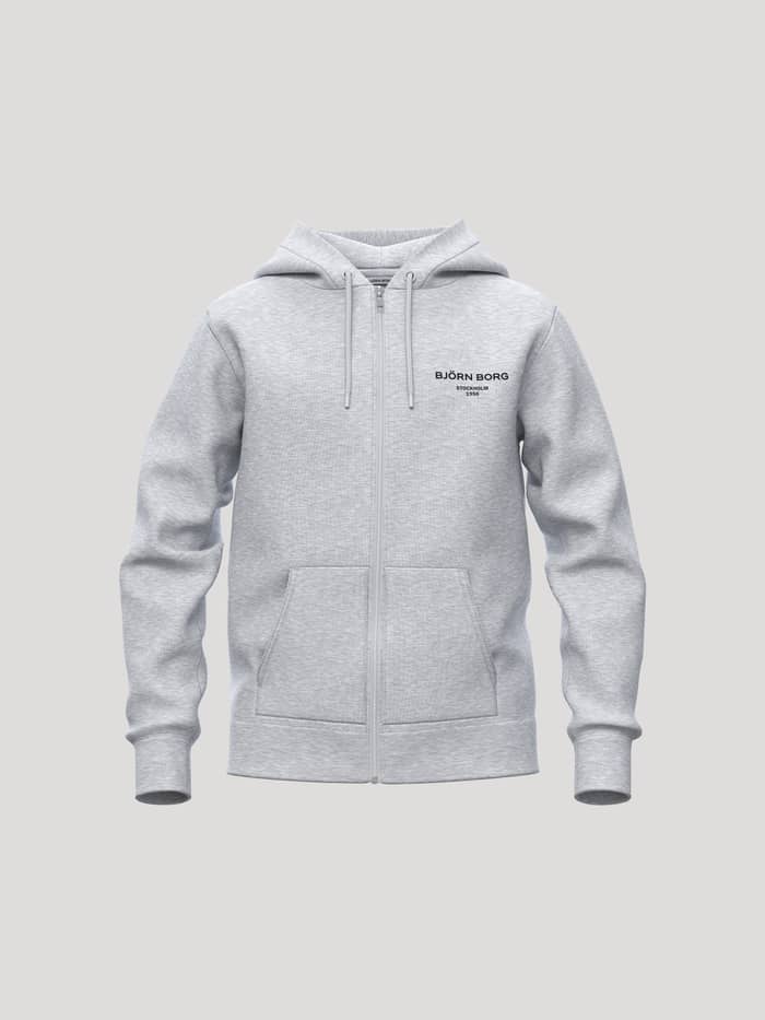 Borg Essential 1 Zip Hoodie för kids i Light Grey Melange (Grå) sedd framifrån med svart logotyp och tennisdetaljer.