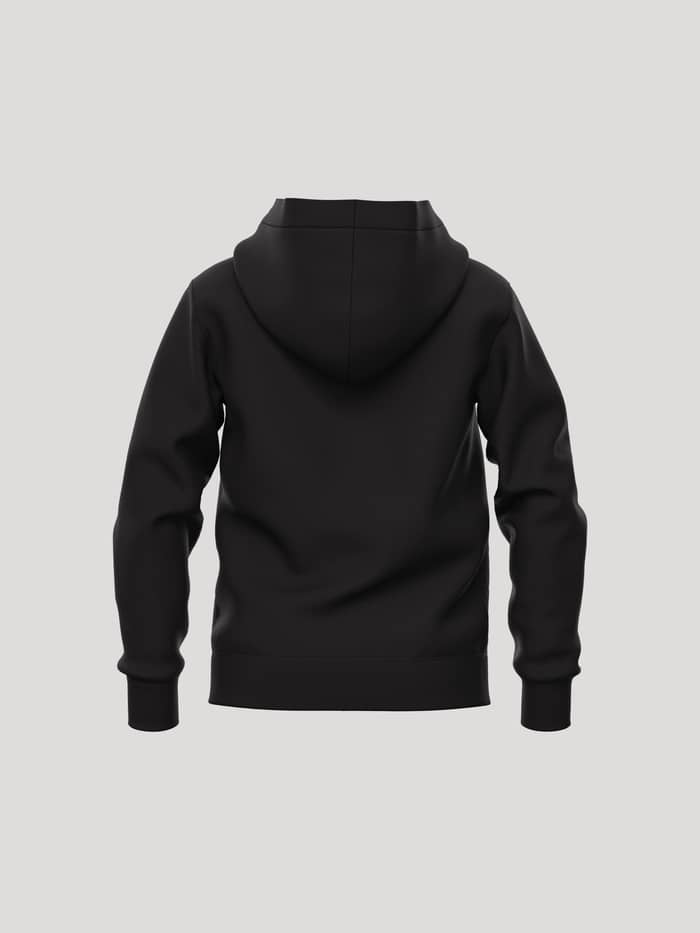 Back view of the kids' Borg Essential 1 Zip Hoodie in Black Beauty (Black) with a tennis ball back print. - Image 2