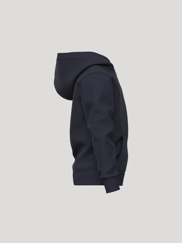 Vista lateral de la Borg Essential 1 Zip Hoodie en Night sky (azul marino) para kids que muestra capucha y corte regular.