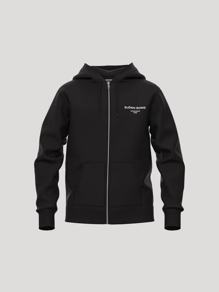 Kids Borg Essential 1 Zip Hoodie in Black Beauty (Black) featuring a full-zip front and white chest logo.