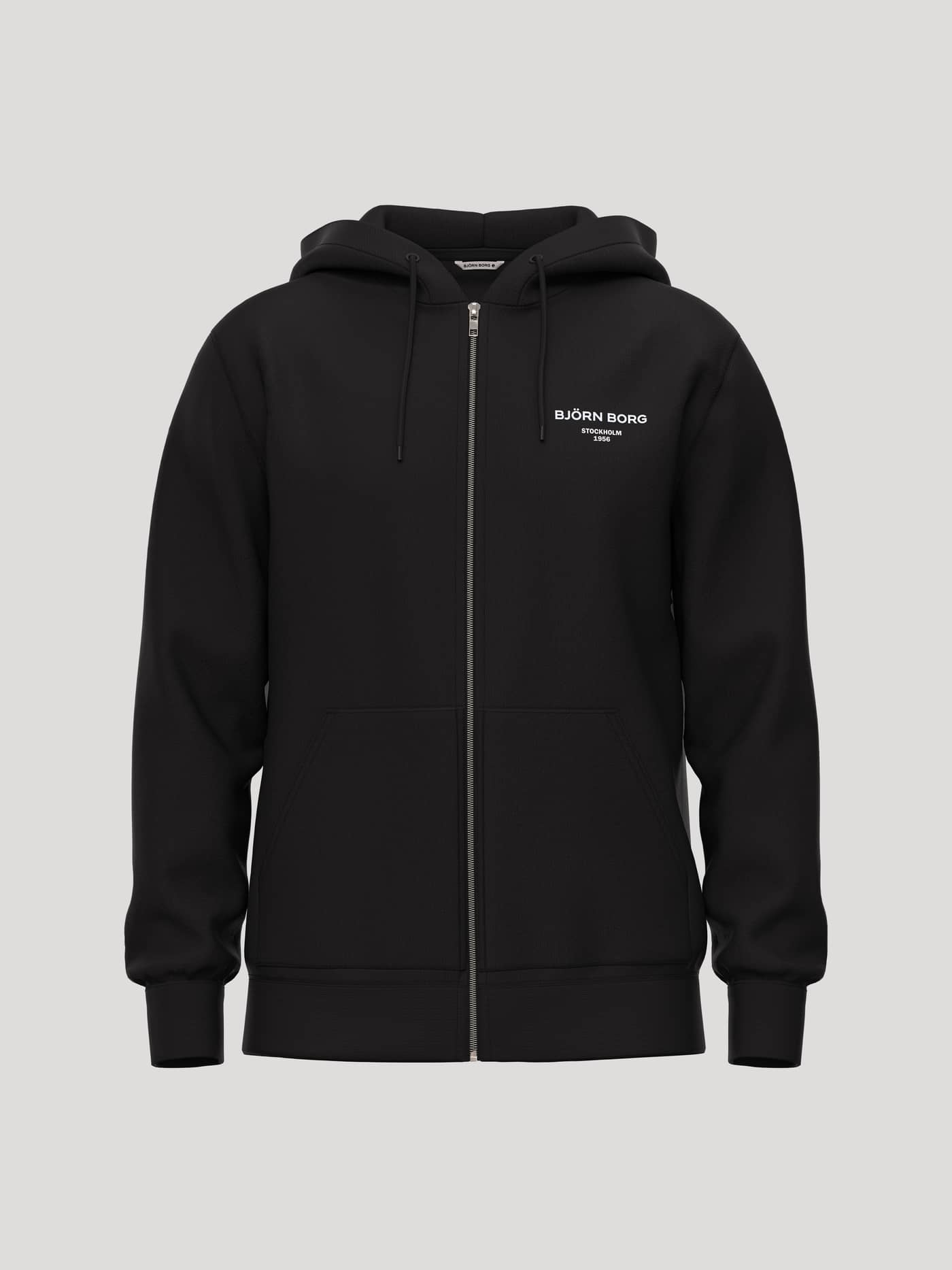 Front view of the Borg Essential 1 Zip Hoodie in Black Beauty (Black) featuring a white chest logo and full zipper. - Image 1