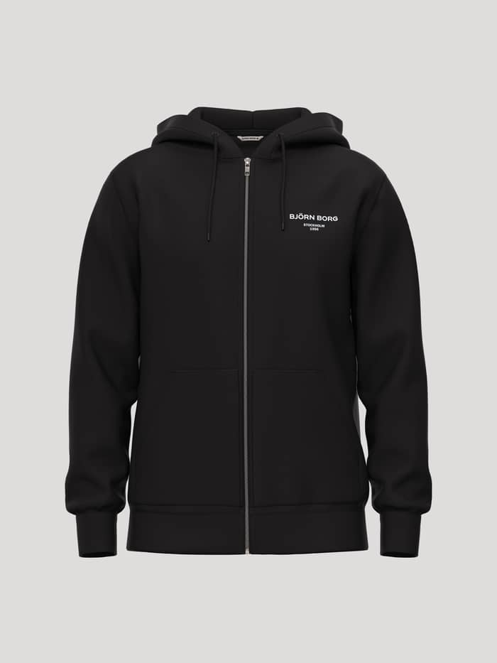 Front view of the Borg Essential 1 Zip Hoodie in Black Beauty (Black) featuring a white chest logo and full zipper.