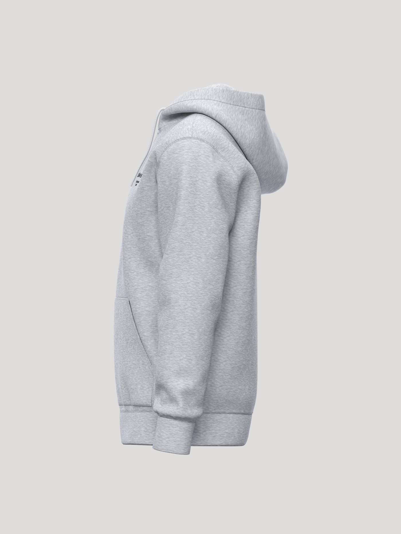 Side profile of the Borg Essential 1 Zip Hoodie in Light Grey Melange (Grey) featuring a drawstring hood and ribbed cuffs. - Image 3