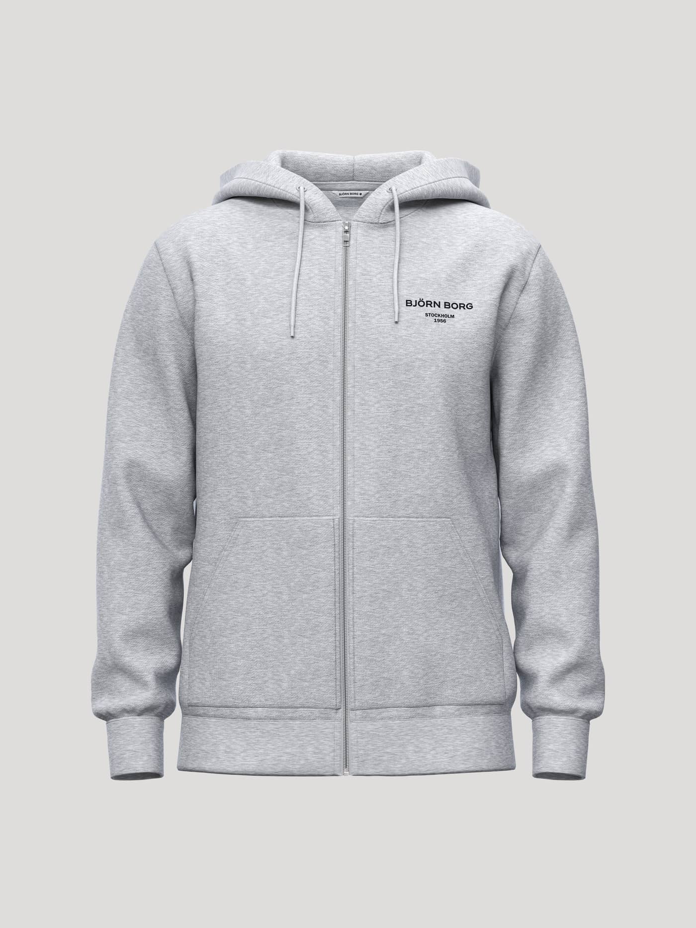 Borg Essential 1 Zip Hoodie in Light Grey Melange (Grey) featuring a full zip, black logo, and a kangaroo pocket. - Image 1