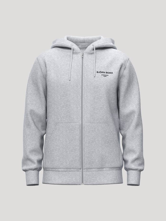 Borg Essential 1 Zip Hoodie in Light Grey Melange (Grey) featuring a full zip, black logo, and a kangaroo pocket.