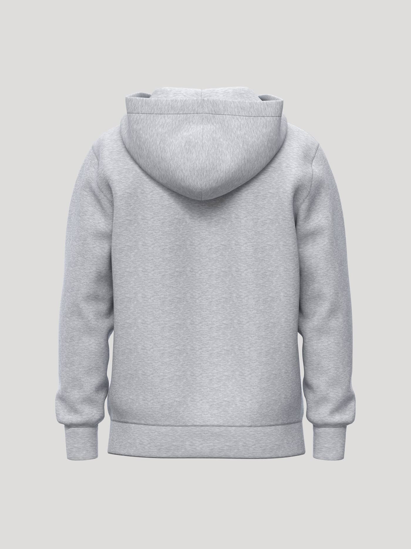 Back view of the Borg Essential 1 Zip Hoodie in Light Grey Melange (Grey) with a soft fleece texture and ribbed hem. - Image 2