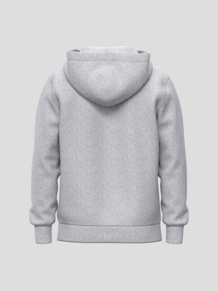 Back view of the Borg Essential 1 Zip Hoodie in Light Grey Melange (Grey) with a soft fleece texture and ribbed hem. - Image 2