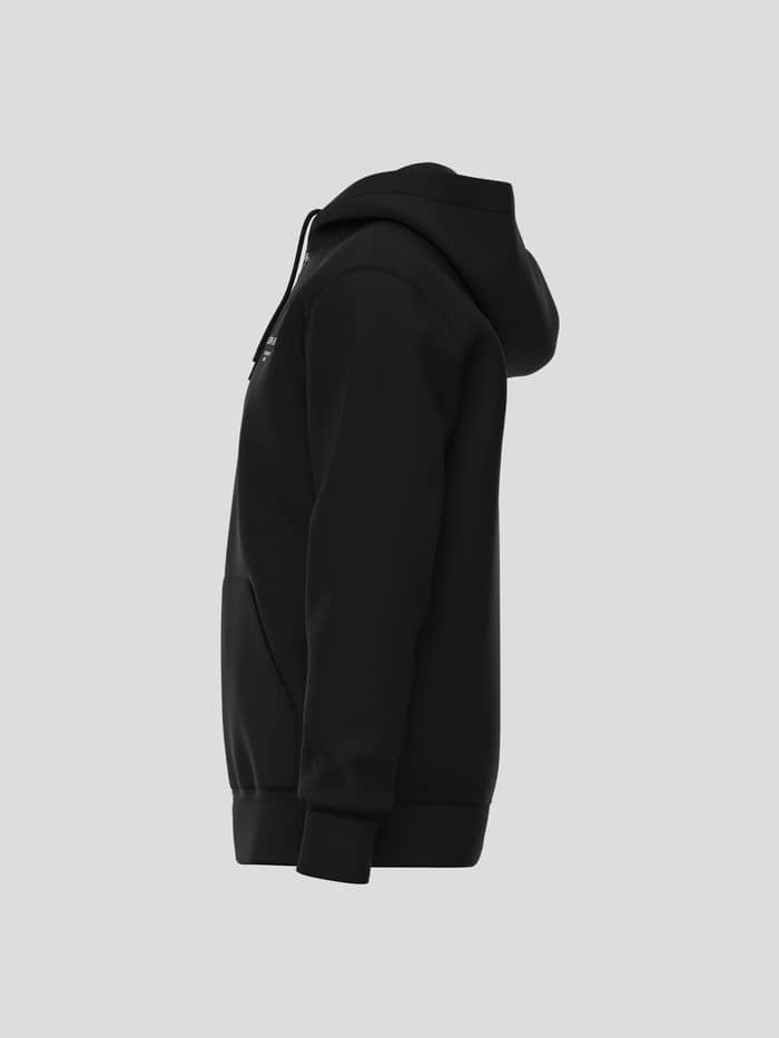 Side view of the Borg Essential 1 Zip Hoodie in Black Beauty (Black) featuring soft brushed fleece and a regular fit. - Image 3